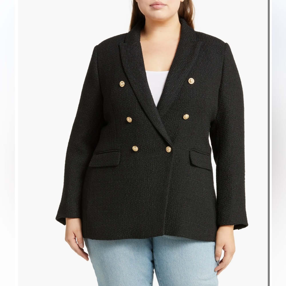 Devotion by Cyrus Classic Double-Breasted Peak Lapel Tweed Black Blazer